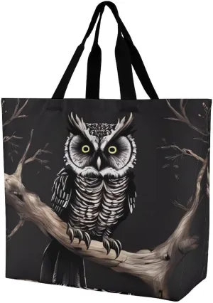 Reusable Shopping Bags,Late Night Owl Printed Portable Tote Bags,Foldable Handbag,Washable Lightweight Medium Grocery Shopping Cloth Bag