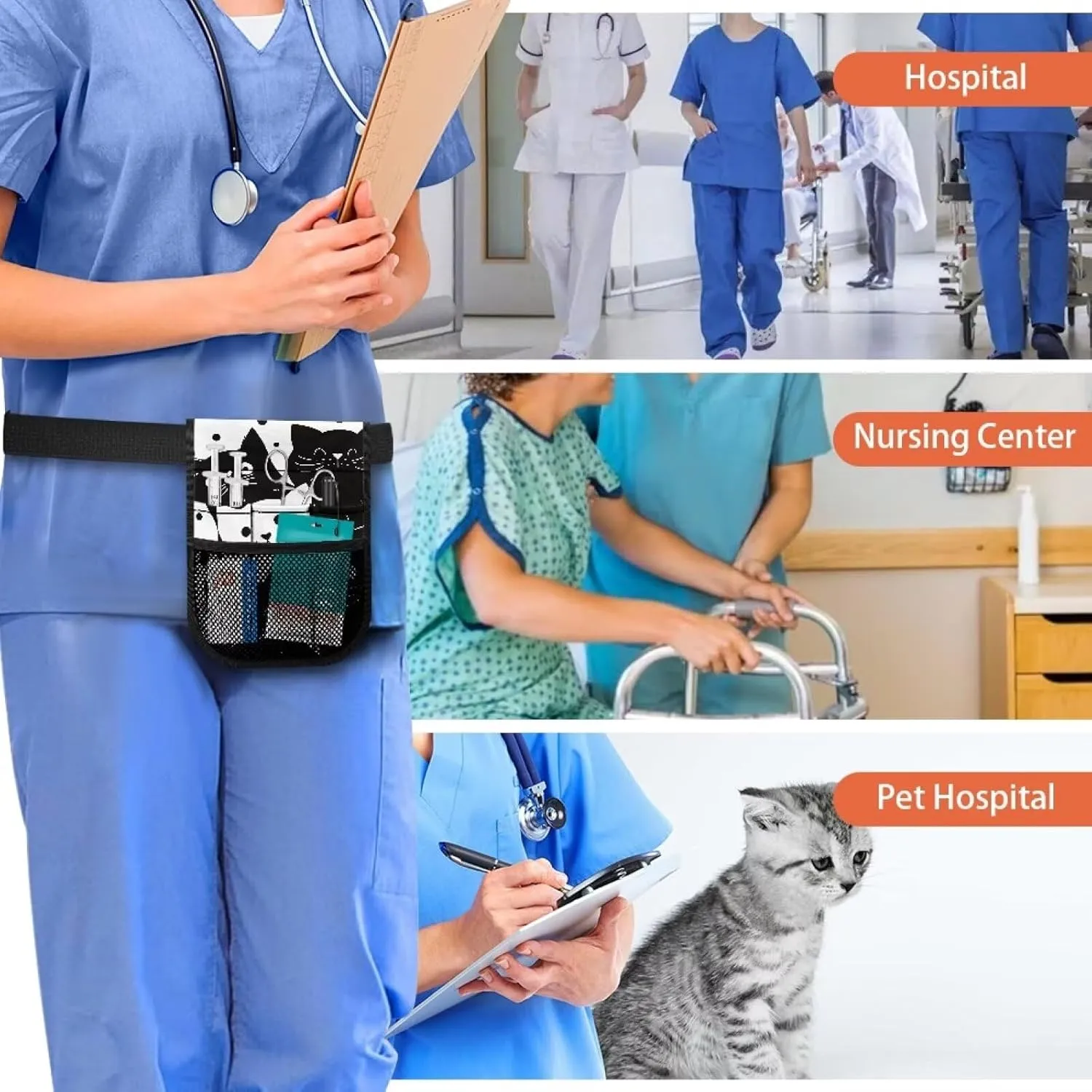 Rnyleeg Nurse Fanny Pack,Multi-compartment Nursing Waist Bag with Gear Pockets,Adjustable Belt,Nuse Tool Belt,Nuse Practical Storage Bag Organizer,Cartoon Cats Print