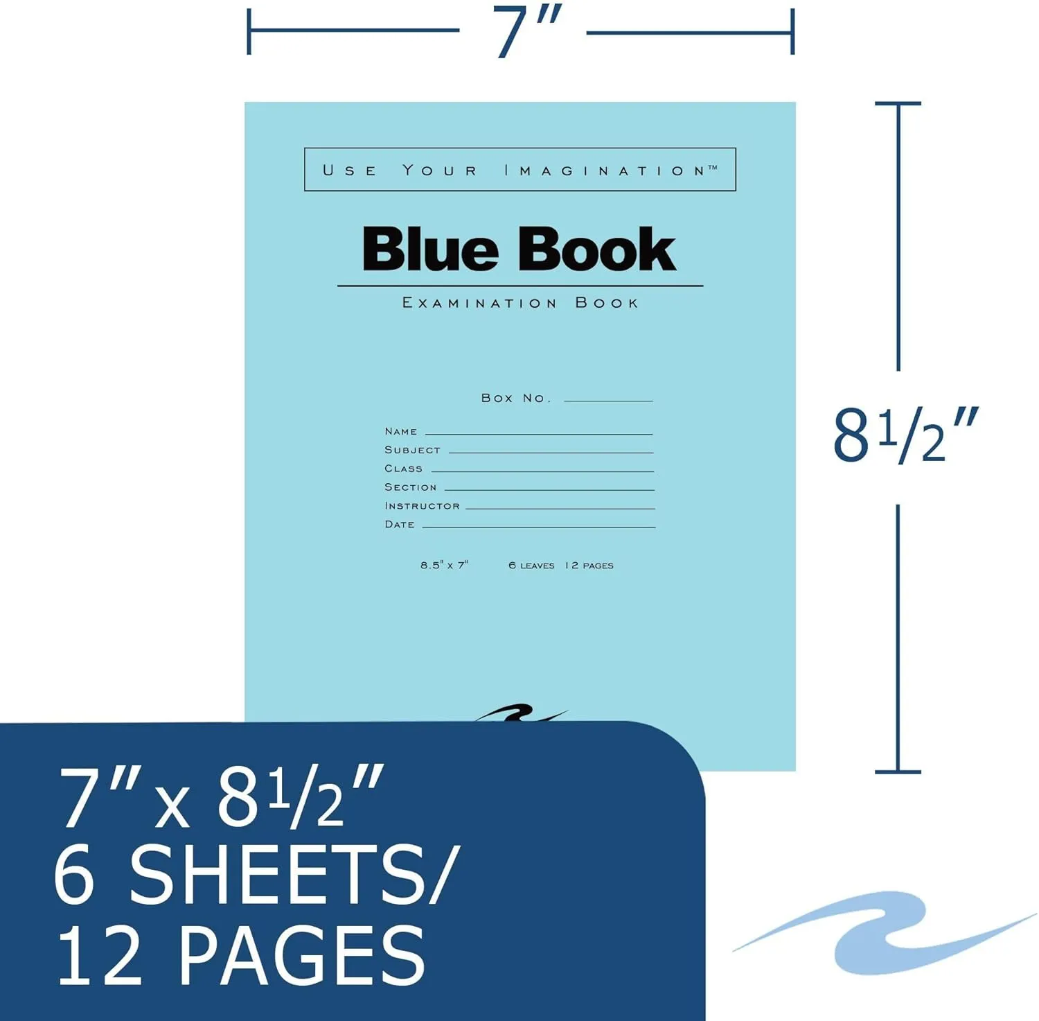 ROARING SPRING Blue Exam Book, Wide Ruled with Margin, 6 Sheets/12 Pages, 8.5" x 7", Pack of 50