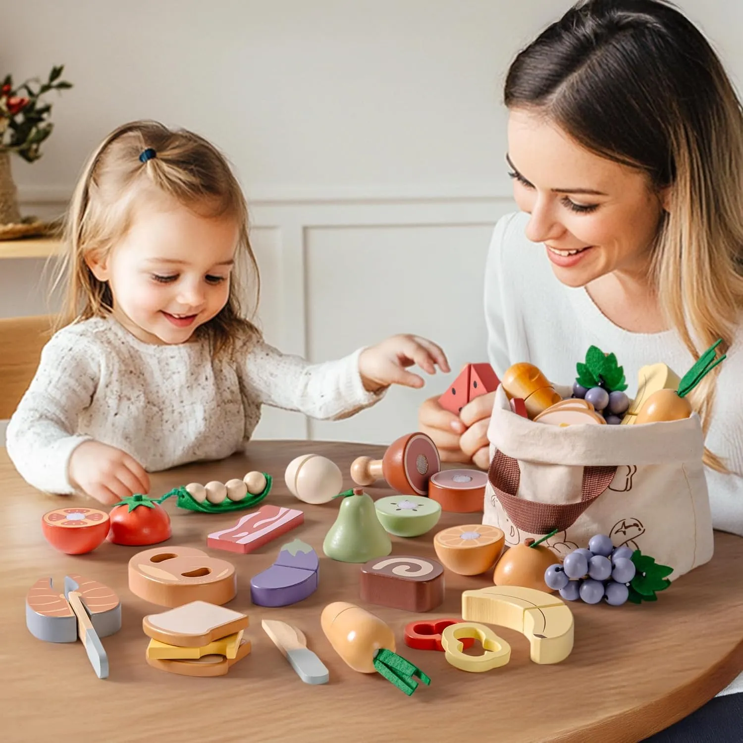 ROBOTIME Wooden Play Food 4-in-1 Cutting Set, Pretend Play Toy Food for Play Kitchen with Shopping Bag – Kids Kitchen Accessories, Wooden Play Food for Boys & Girls