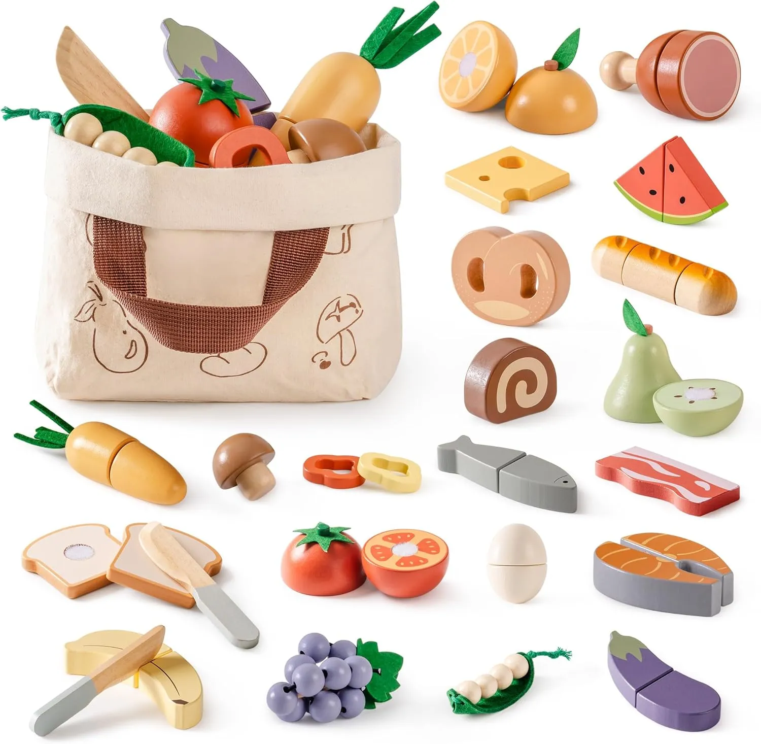 ROBOTIME Wooden Play Food 4-in-1 Cutting Set, Pretend Play Toy Food for Play Kitchen with Shopping Bag – Kids Kitchen Accessories, Wooden Play Food for Boys & Girls