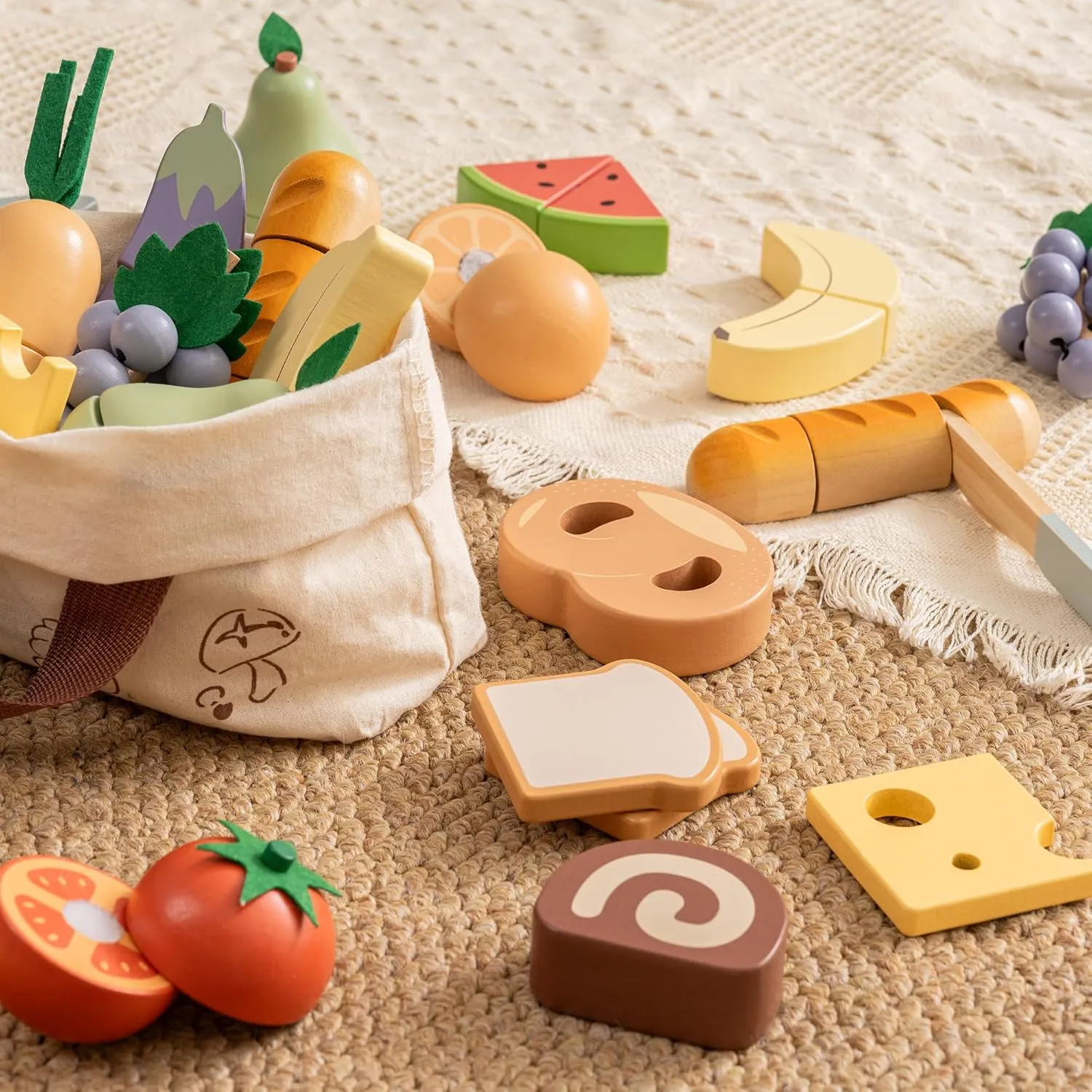 ROBOTIME Wooden Play Food 4-in-1 Cutting Set, Pretend Play Toy Food for Play Kitchen with Shopping Bag – Kids Kitchen Accessories, Wooden Play Food for Boys & Girls