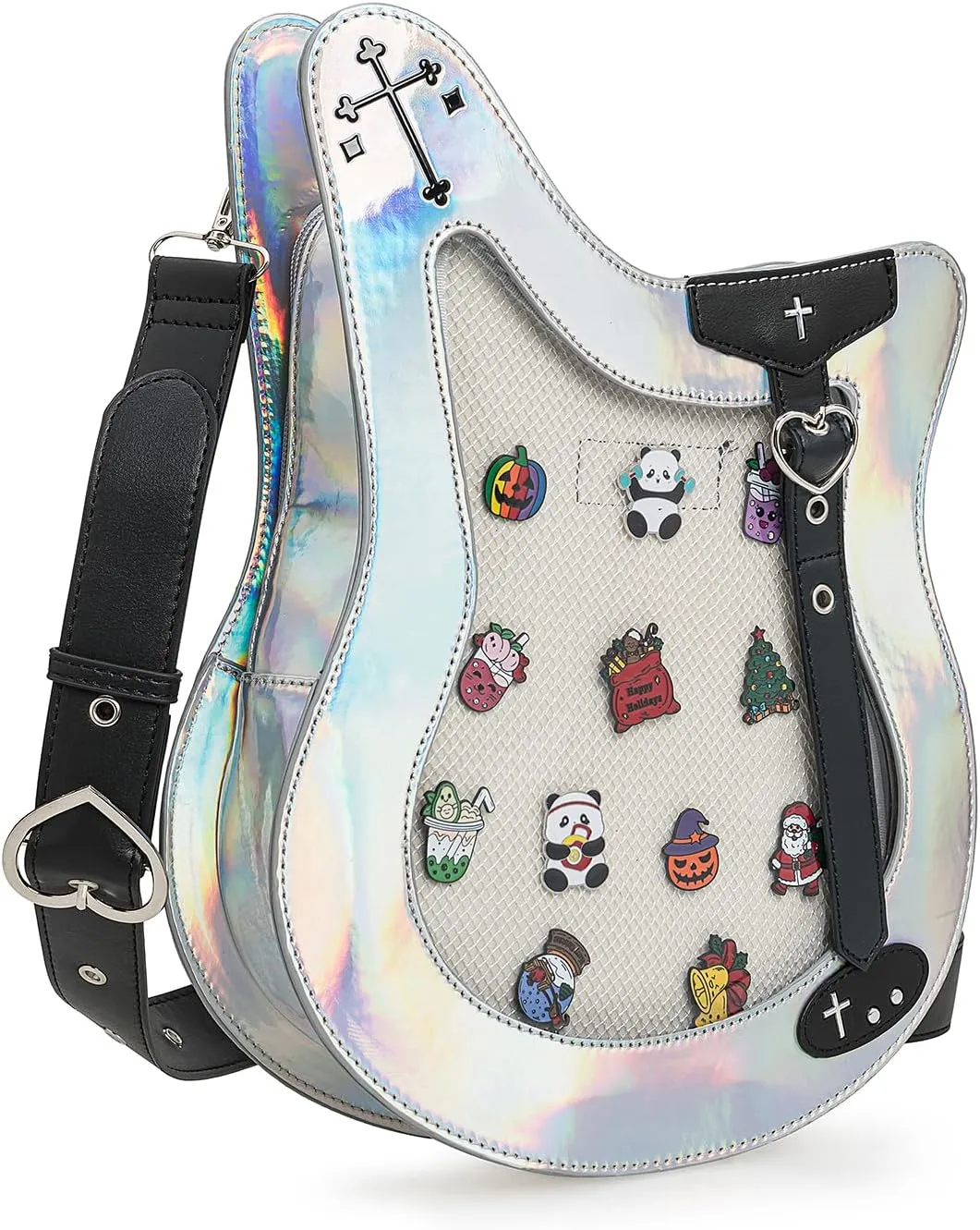 Rock Metal Guitar Ita Bag Crossbody Shoulder Bags Kawaii Cute Clear Window Pin Insert with a Removeable Strap