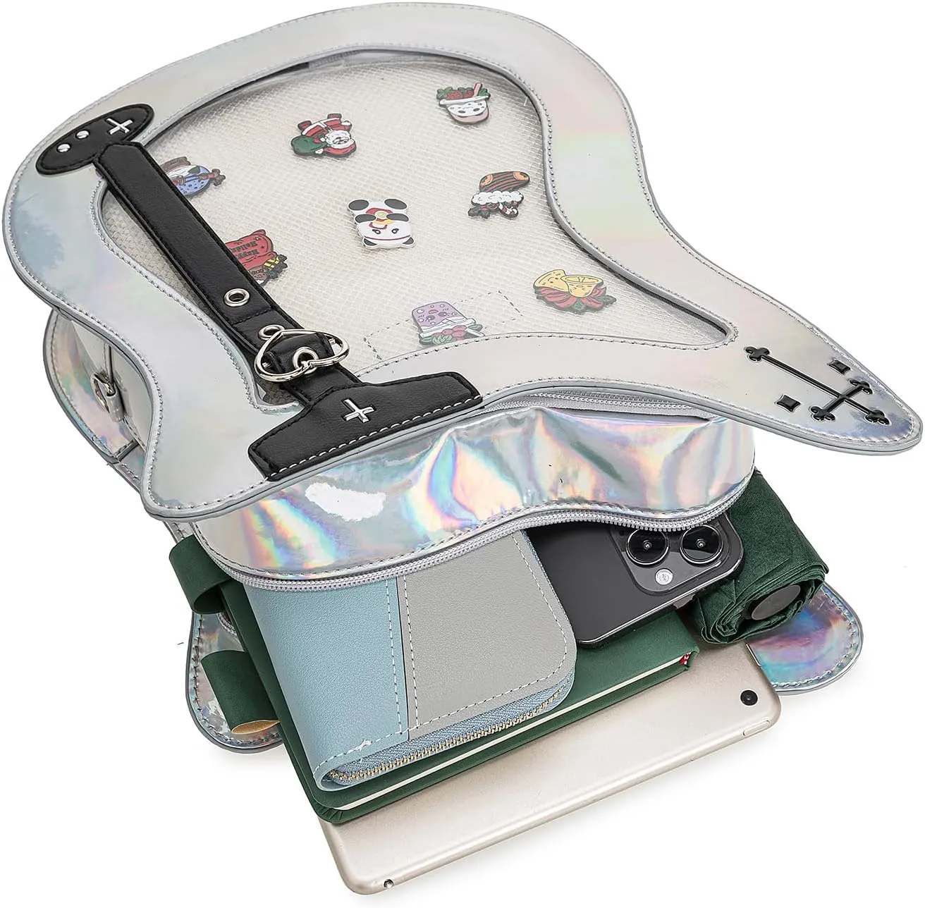 Rock Metal Guitar Ita Bag Crossbody Shoulder Bags Kawaii Cute Clear Window Pin Insert with a Removeable Strap
