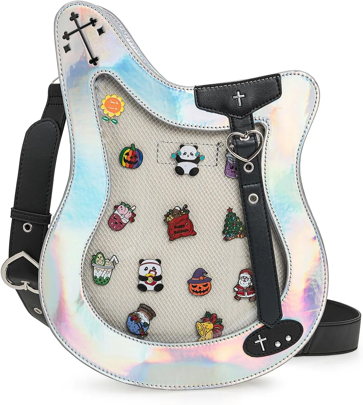 Rock Metal Guitar Ita Bag Crossbody Shoulder Bags Kawaii Cute Clear Window Pin Insert with a Removeable Strap