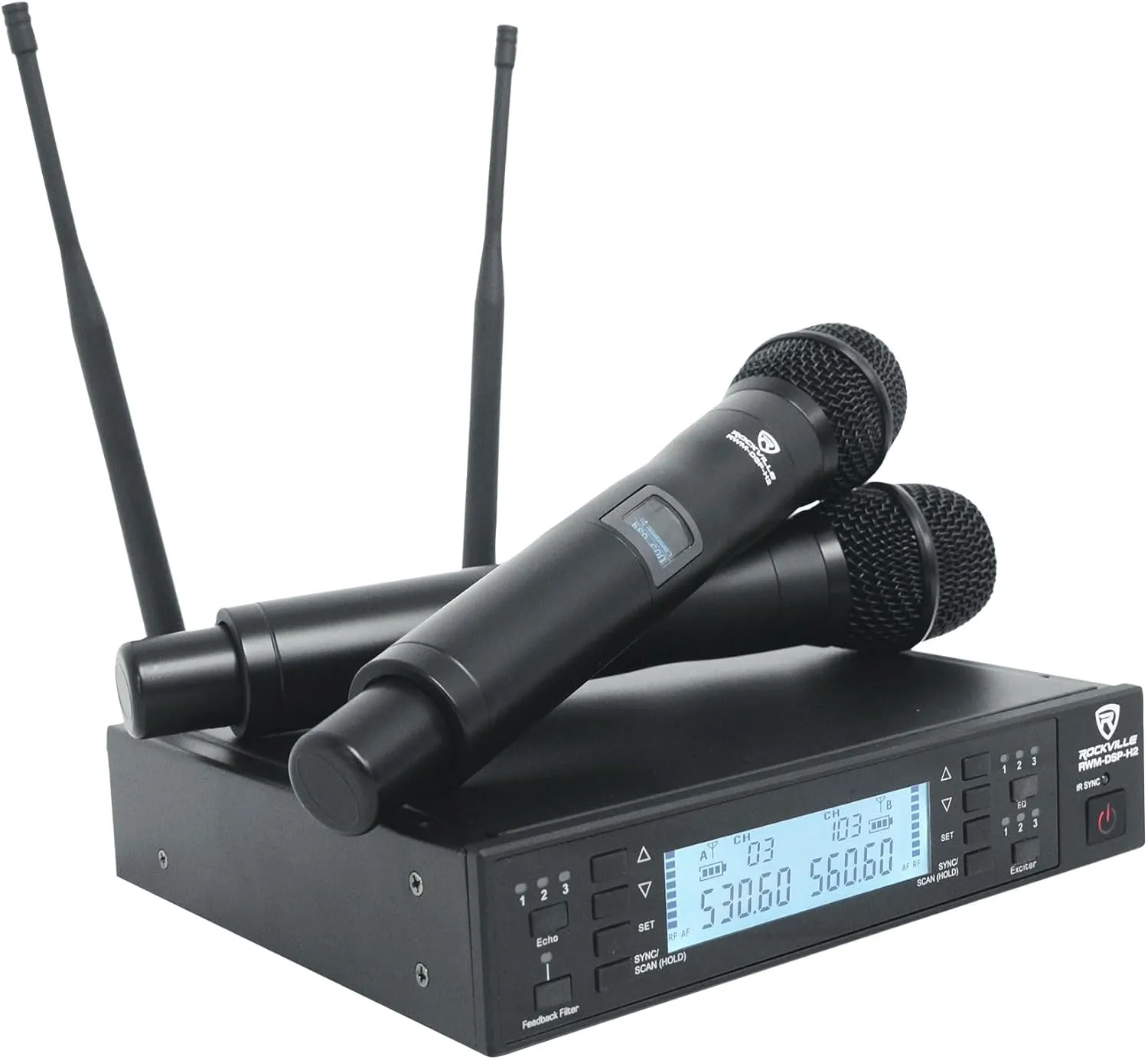 Rockville RWM-DSP-H2 Dual Handheld UHF Wireless Microphone System, DSP Control, Adjustable EQ, Delay, Feedback Filter, OLED Display, 200 Channels, 400-600 ft Range, Includes 2 Mics & Rack Mount