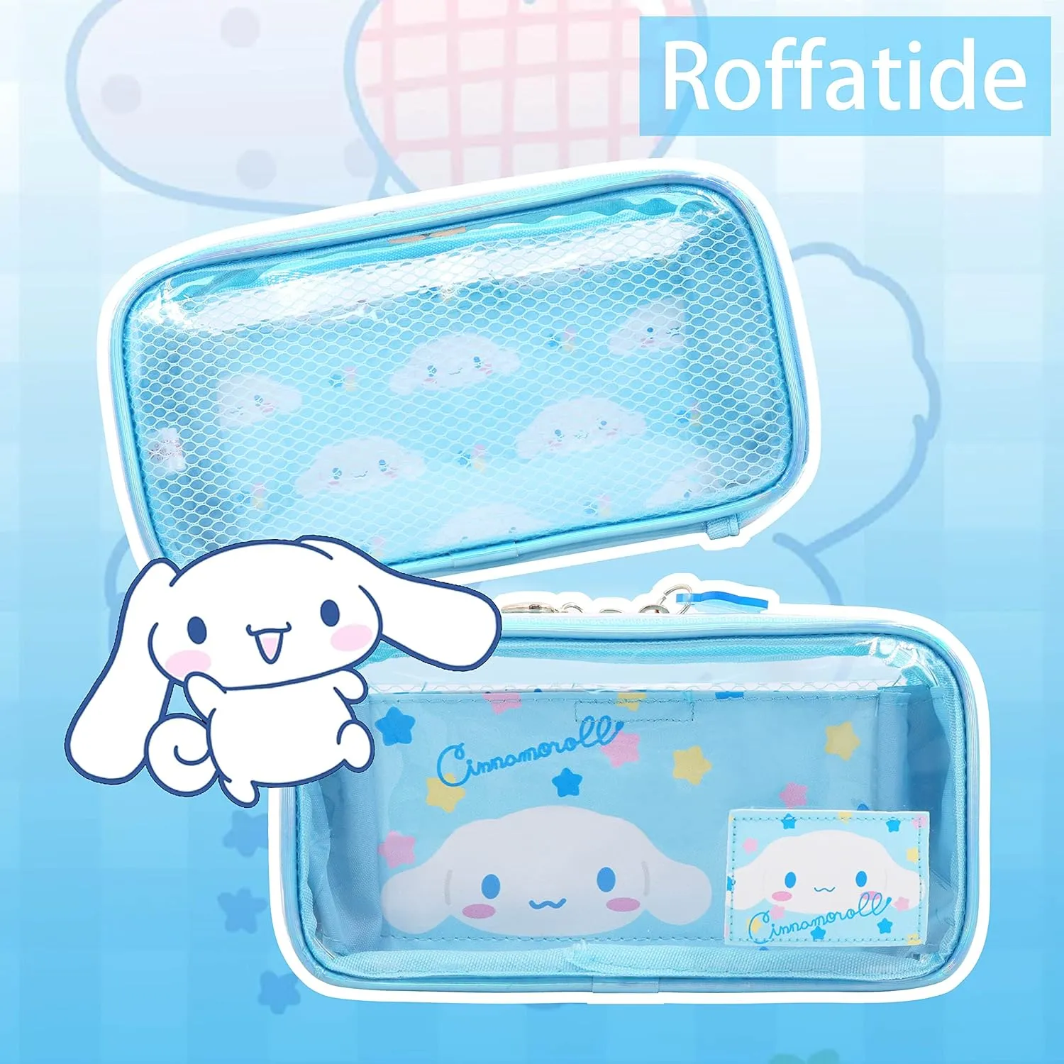 Roffatide Anime Cinnamoroll Clear Makeup Bag Blue Waterproof Cosmetic Case Holographic PVC Toiletry Pouch Travel Packing Bag for Girls
