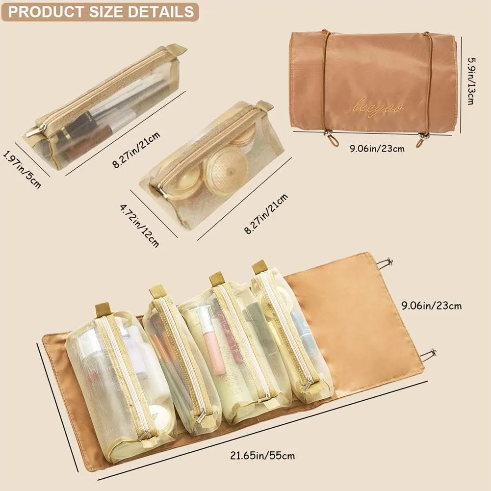 Roll Up Makeup Bag, Hanging Toiletry Bag, 4 in 1 Detachable Cosmetic Bag, 4 Removable Storage Bags, Travel Makeup Organizer Bags for Women Men(Khaki)