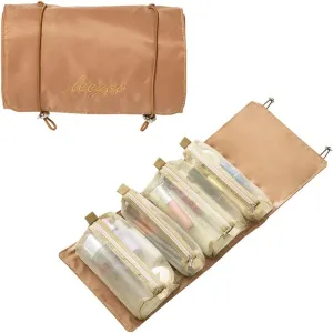 Roll Up Makeup Bag, Hanging Toiletry Bag, 4 in 1 Detachable Cosmetic Bag, 4 Removable Storage Bags, Travel Makeup Organizer Bags for Women Men(Khaki)