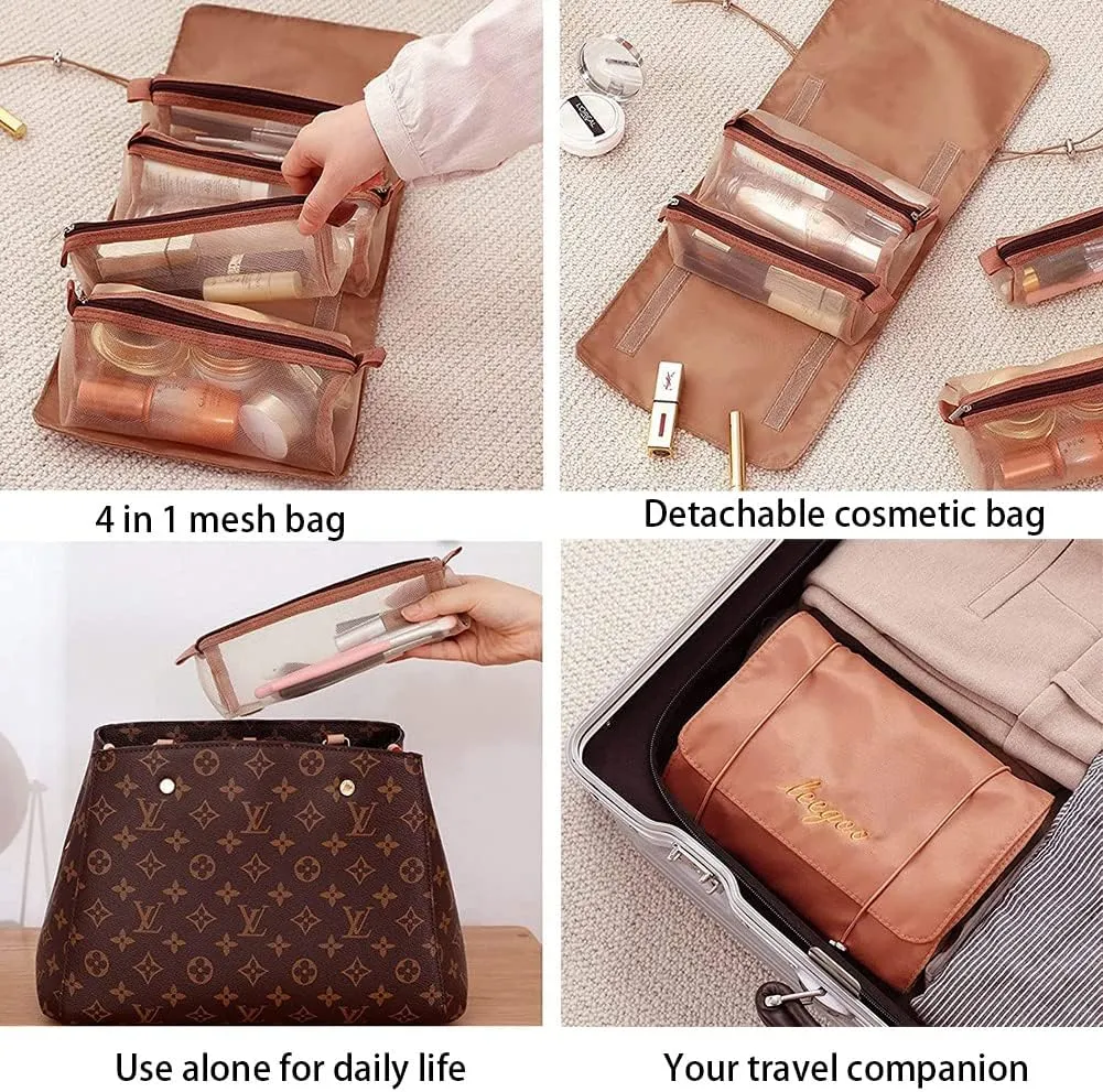 Roll Up Makeup Bag, Hanging Toiletry Bag, 4 in 1 Detachable Cosmetic Bag, 4 Removable Storage Bags, Travel Makeup Organizer Bags for Women Men(Khaki)