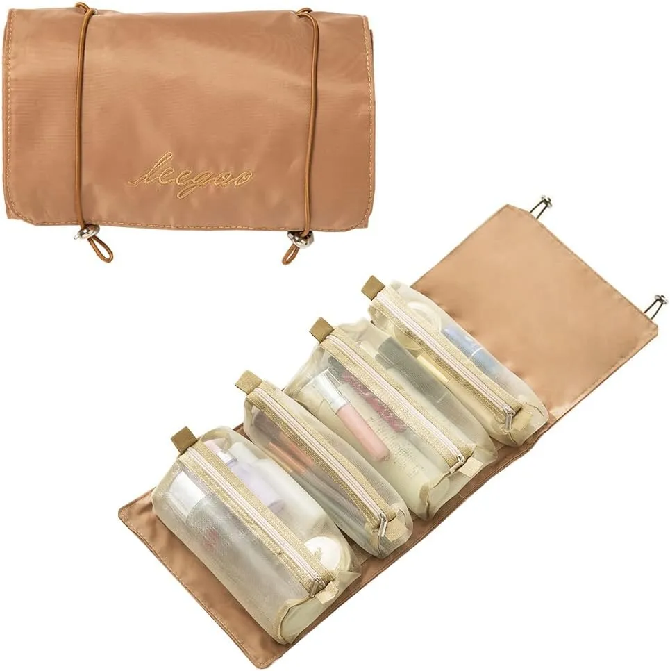 Roll Up Makeup Bag, Hanging Toiletry Bag, 4 in 1 Detachable Cosmetic Bag, 4 Removable Storage Bags, Travel Makeup Organizer Bags for Women Men(Khaki)