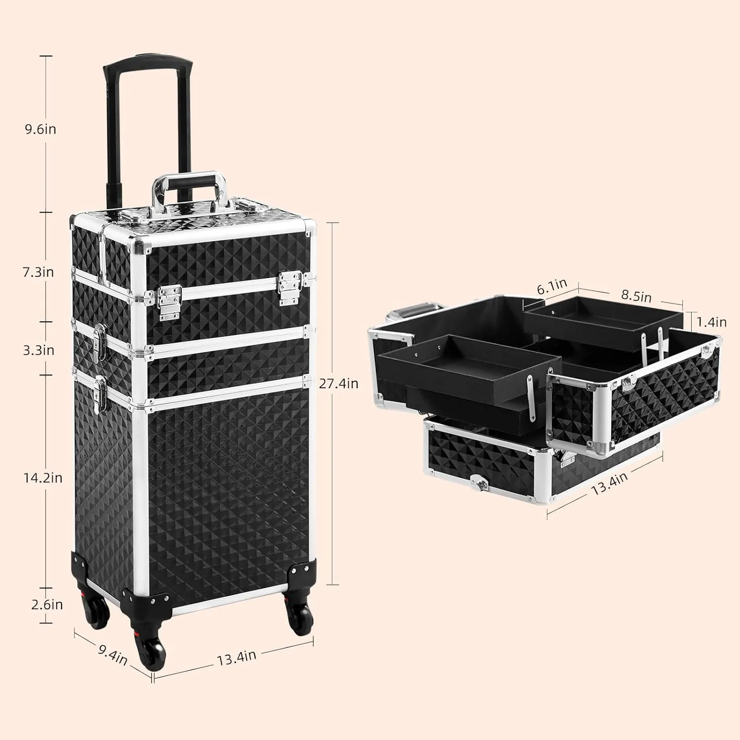 Rolling Makeup Case 3 in 1,Professional Makeup Train Case organizers,Large Storage Cosmetic case Trolley,Makeup Travel Case for Salon Barber Black