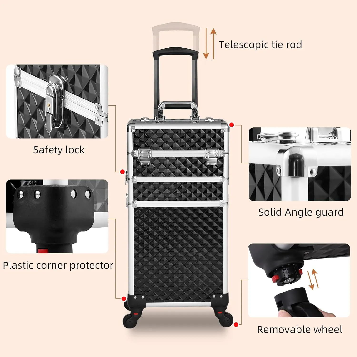 Rolling Makeup Case 3 in 1,Professional Makeup Train Case organizers,Large Storage Cosmetic case Trolley,Makeup Travel Case for Salon Barber Black