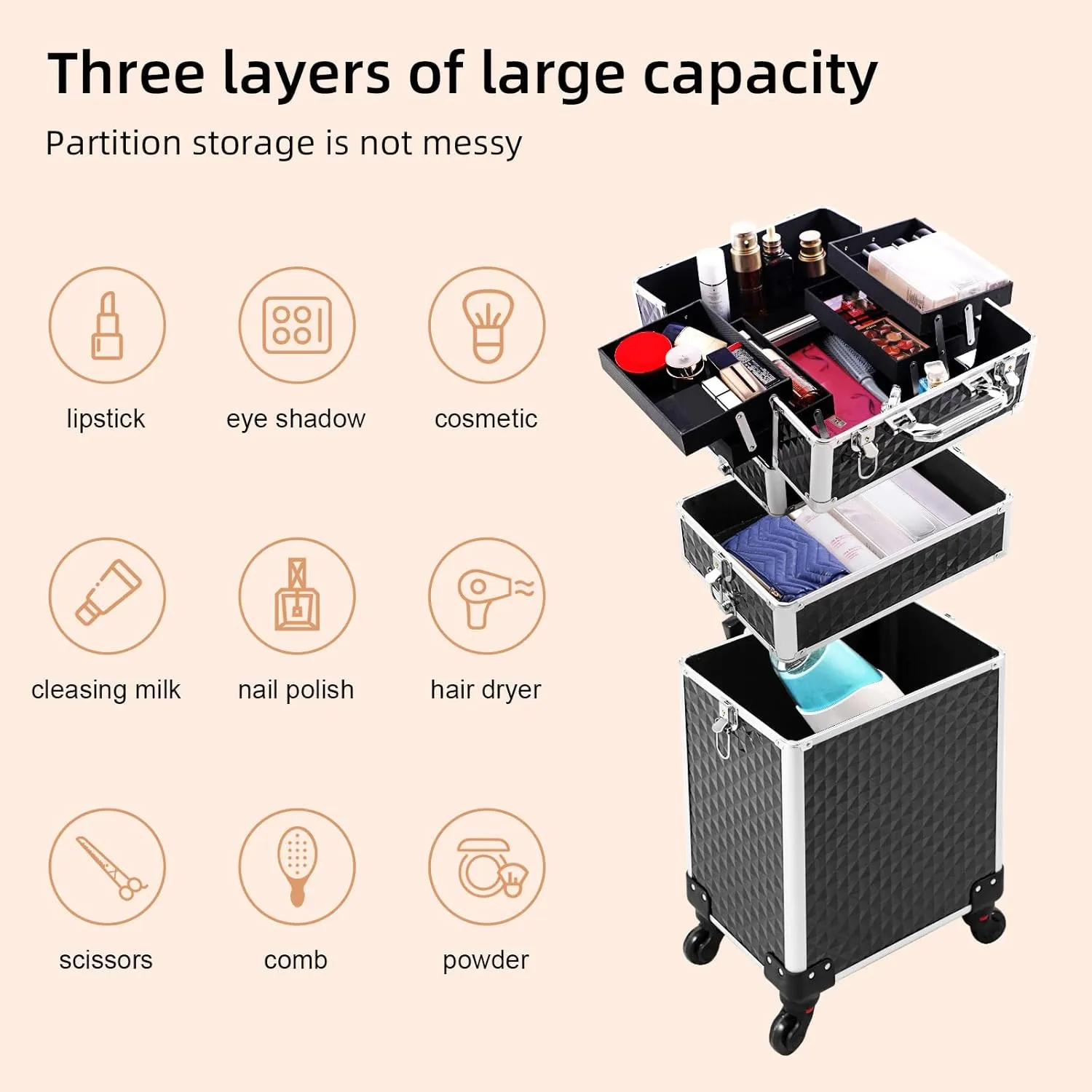 Rolling Makeup Case 3 in 1,Professional Makeup Train Case organizers,Large Storage Cosmetic case Trolley,Makeup Travel Case for Salon Barber Black