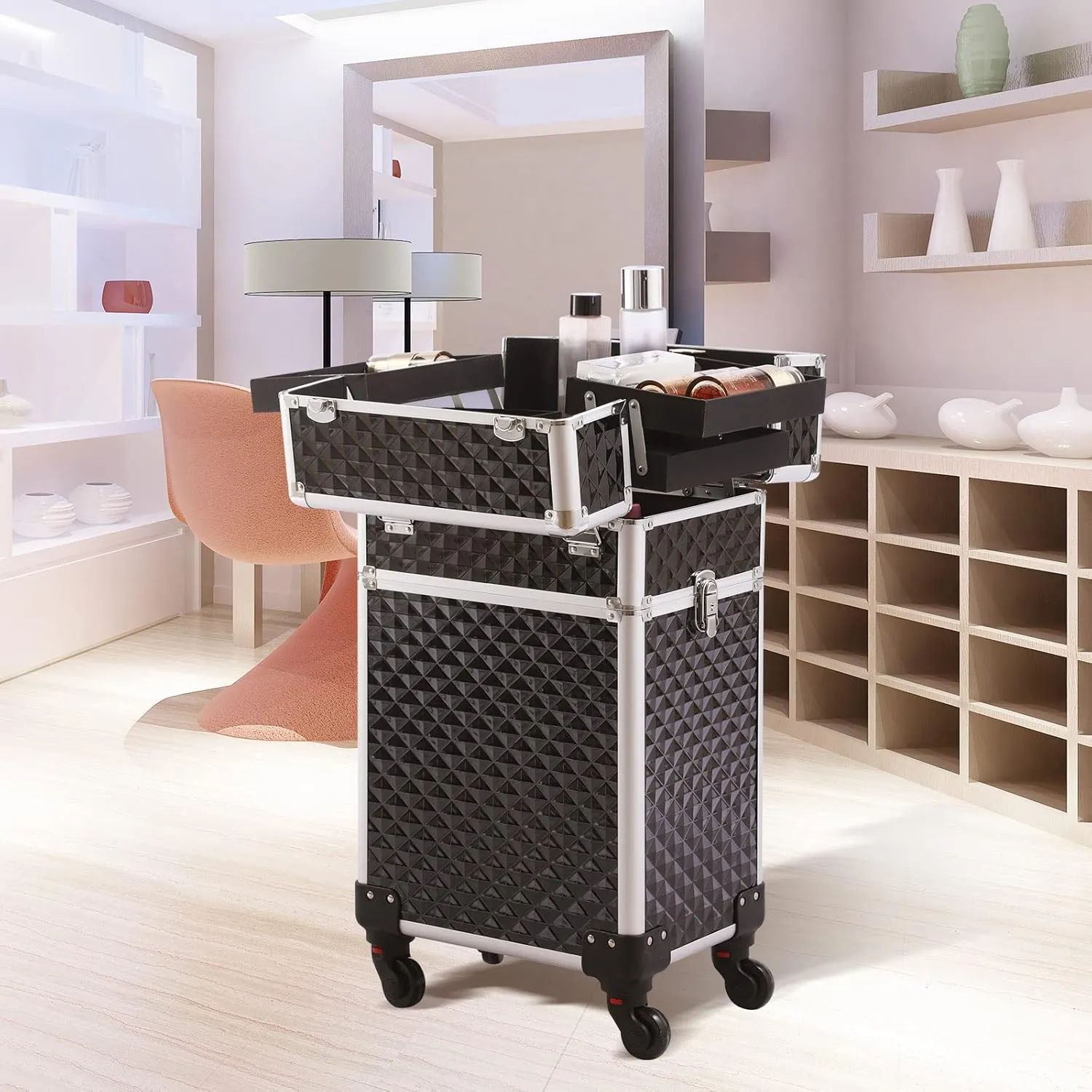 Rolling Makeup Case 3 in 1,Professional Makeup Train Case organizers,Large Storage Cosmetic case Trolley,Makeup Travel Case for Salon Barber Black