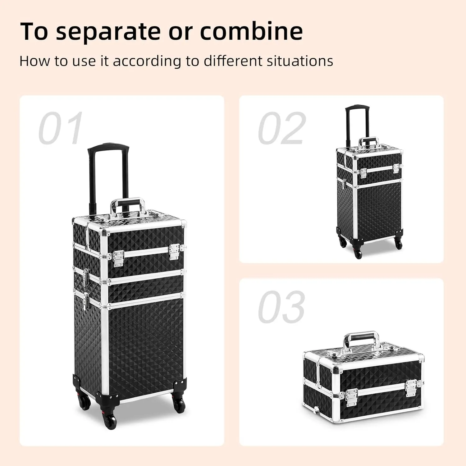 Rolling Makeup Case 3 in 1,Professional Makeup Train Case organizers,Large Storage Cosmetic case Trolley,Makeup Travel Case for Salon Barber Black
