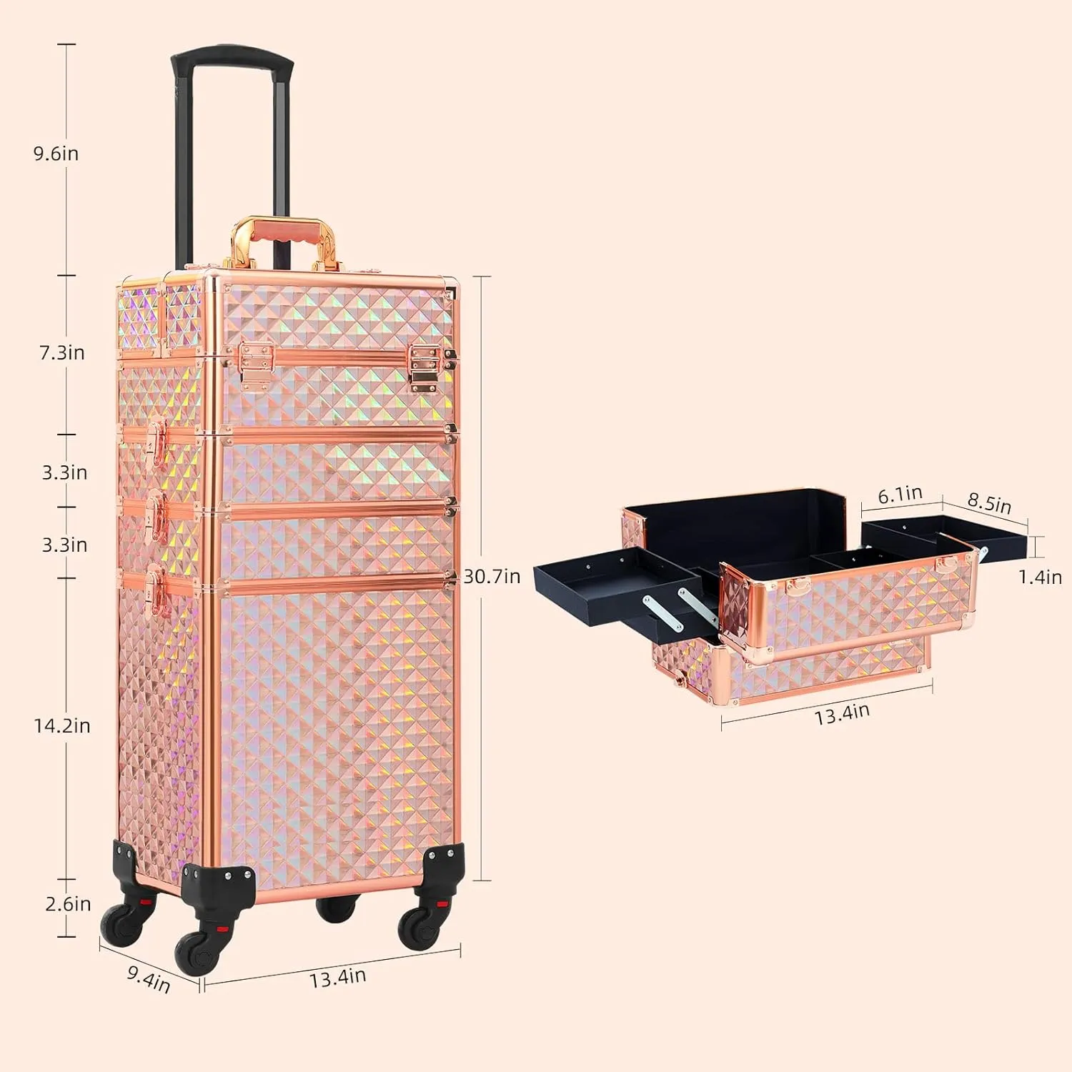 Rolling Makeup Case 4 in 1,Professional Makeup Train Case organizers,Large Storage Cosmetic case Trolley,Makeup Travel Case for Salon Barber Rose Gold,Pink
