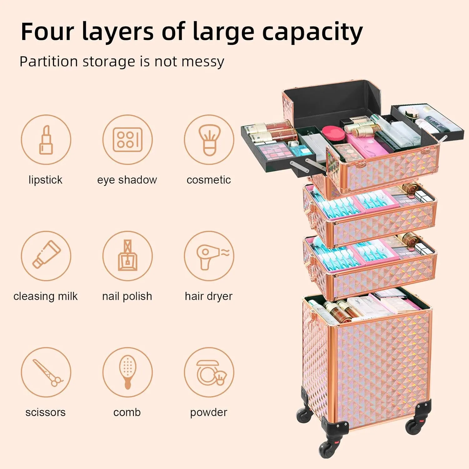 Rolling Makeup Case 4 in 1,Professional Makeup Train Case organizers,Large Storage Cosmetic case Trolley,Makeup Travel Case for Salon Barber Rose Gold,Pink