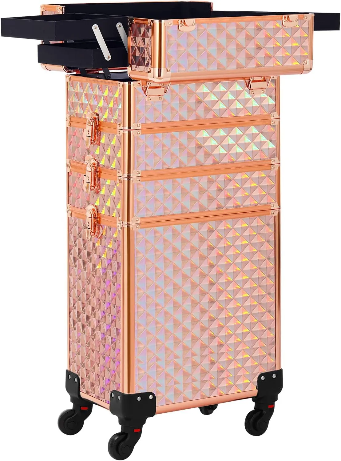 Rolling Makeup Case 4 in 1,Professional Makeup Train Case organizers,Large Storage Cosmetic case Trolley,Makeup Travel Case for Salon Barber Rose Gold,Pink