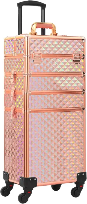 Rolling Makeup Case 4 in 1,Professional Makeup Train Case organizers,Large Storage Cosmetic case Trolley,Makeup Travel Case for Salon Barber Rose Gold,Pink