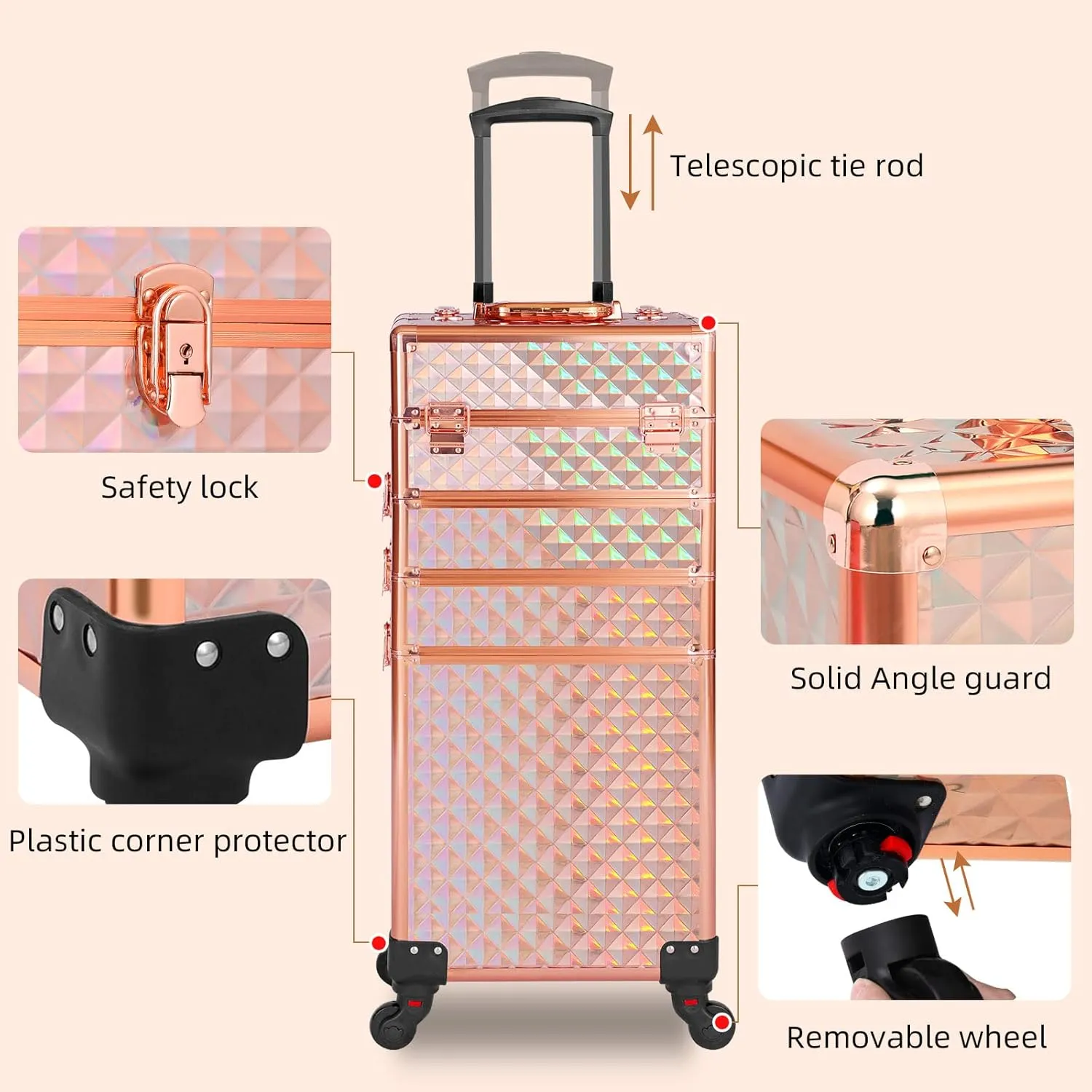 Rolling Makeup Case 4 in 1,Professional Makeup Train Case organizers,Large Storage Cosmetic case Trolley,Makeup Travel Case for Salon Barber Rose Gold,Pink