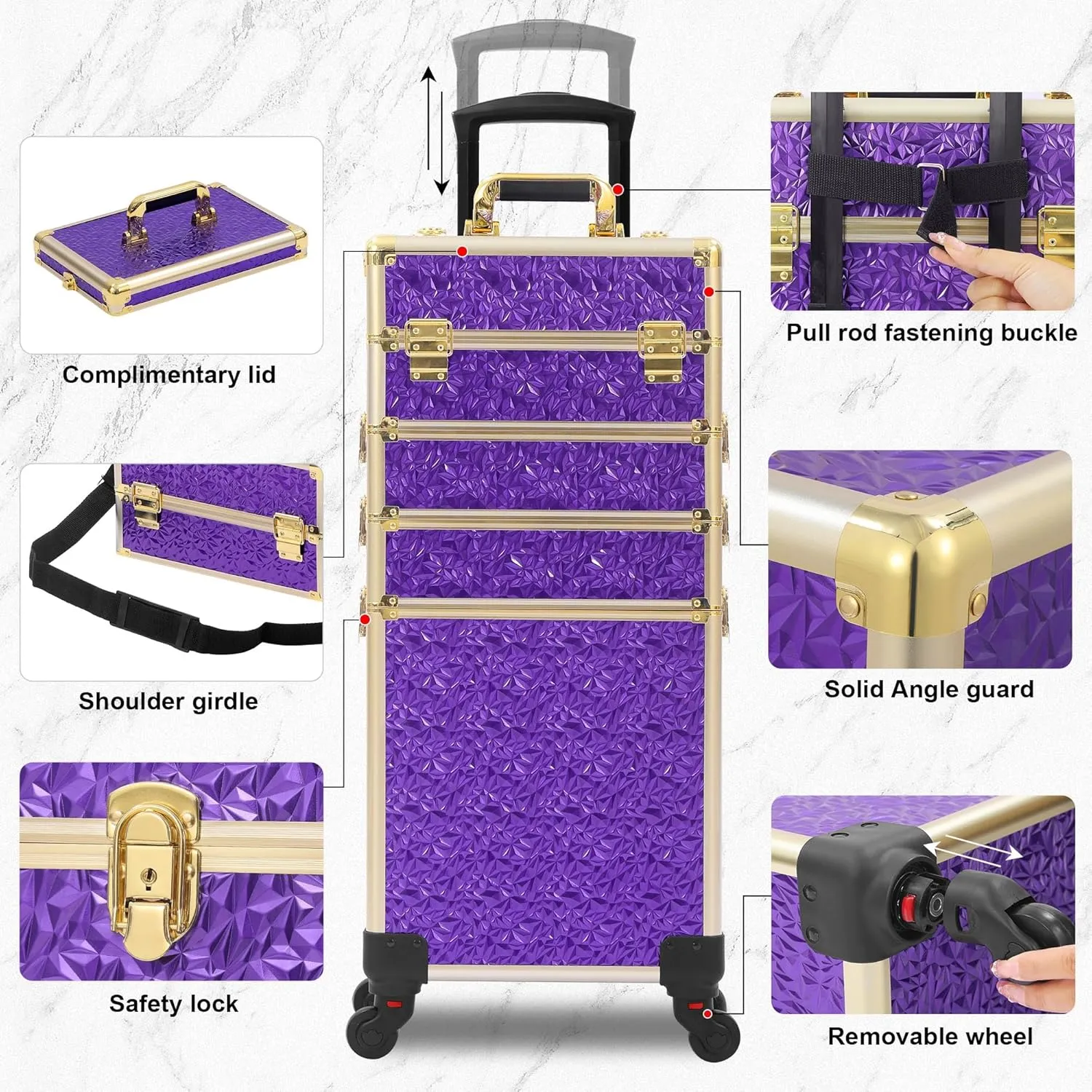 Rolling Makeup Case, Makeup Train Case with Lid, 5 in 1 Cosmetology Case on Wheels, Christmas Gift, Large Makeup Case Organizers, Profesional Cosmetic Case for Salon Barber, Purple Gold