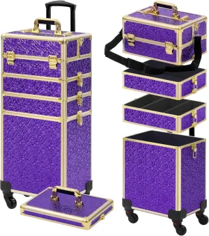 Rolling Makeup Case, Makeup Train Case with Lid, 5 in 1 Cosmetology Case on Wheels, Christmas Gift, Large Makeup Case Organizers, Profesional Cosmetic Case for Salon Barber, Purple Gold