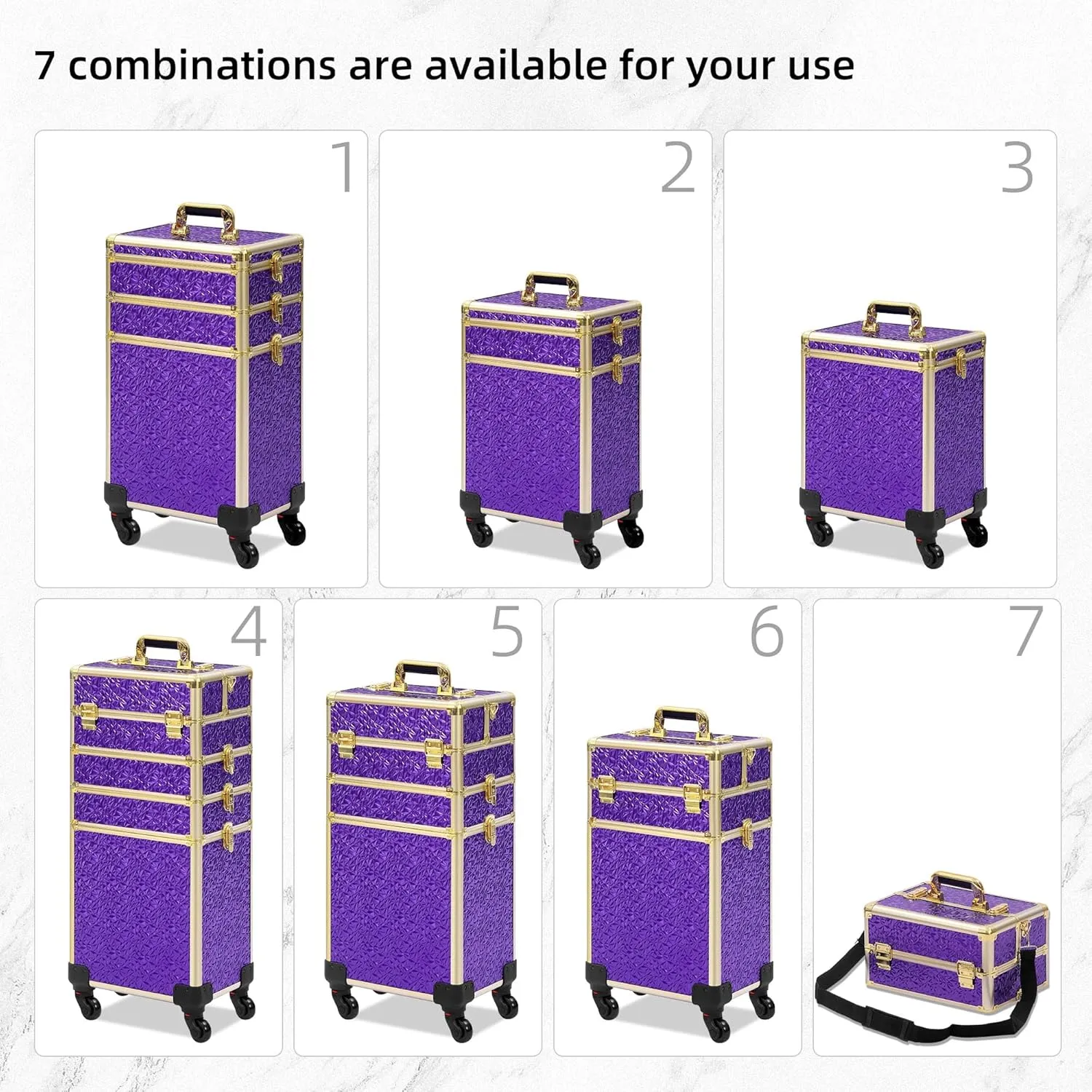 Rolling Makeup Case, Makeup Train Case with Lid, 5 in 1 Cosmetology Case on Wheels, Christmas Gift, Large Makeup Case Organizers, Profesional Cosmetic Case for Salon Barber, Purple Gold