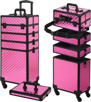 Rolling Makeup Case, Makeup Train Case with Lid, 5 in 1 Cosmetology Case on Wheels, Christmas Gift, Large Makeup Case Organizers, Profesional Cosmetic Case for Salon Barber, Rose Red