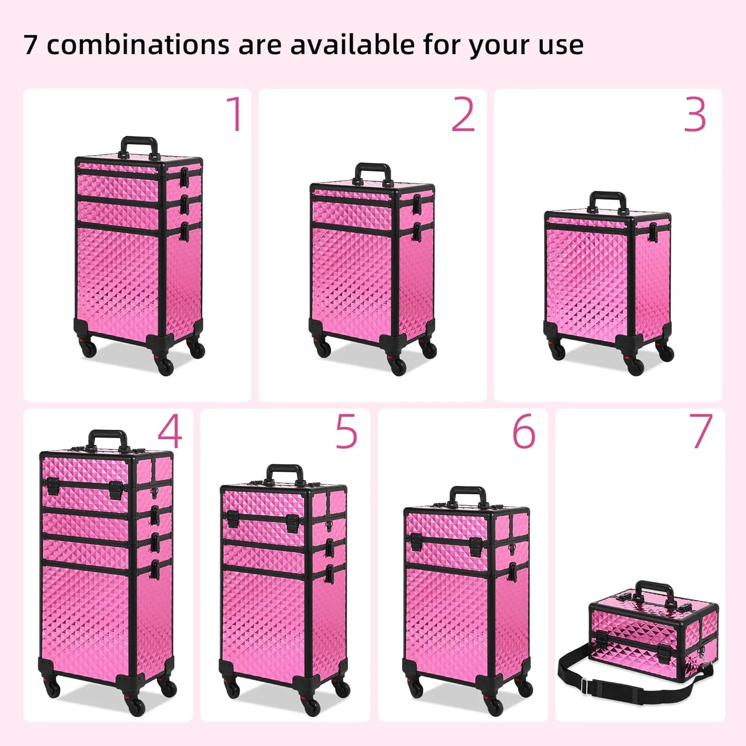 Rolling Makeup Case, Makeup Train Case with Lid, 5 in 1 Cosmetology Case on Wheels, Christmas Gift, Large Makeup Case Organizers, Profesional Cosmetic Case for Salon Barber, Rose Red