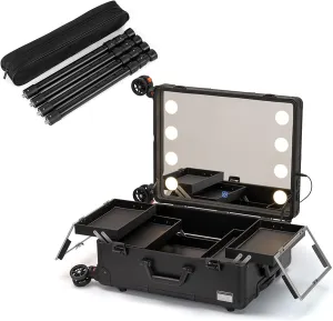 Rolling Makeup Case Professional Makeup Train Case Makeup Artist Travel Organizer, Full Screen Lighted Mirror 3 Light Colors Lighted Rolling Cosmetic Organizer, Large Makeup Train Case Black cosmetic