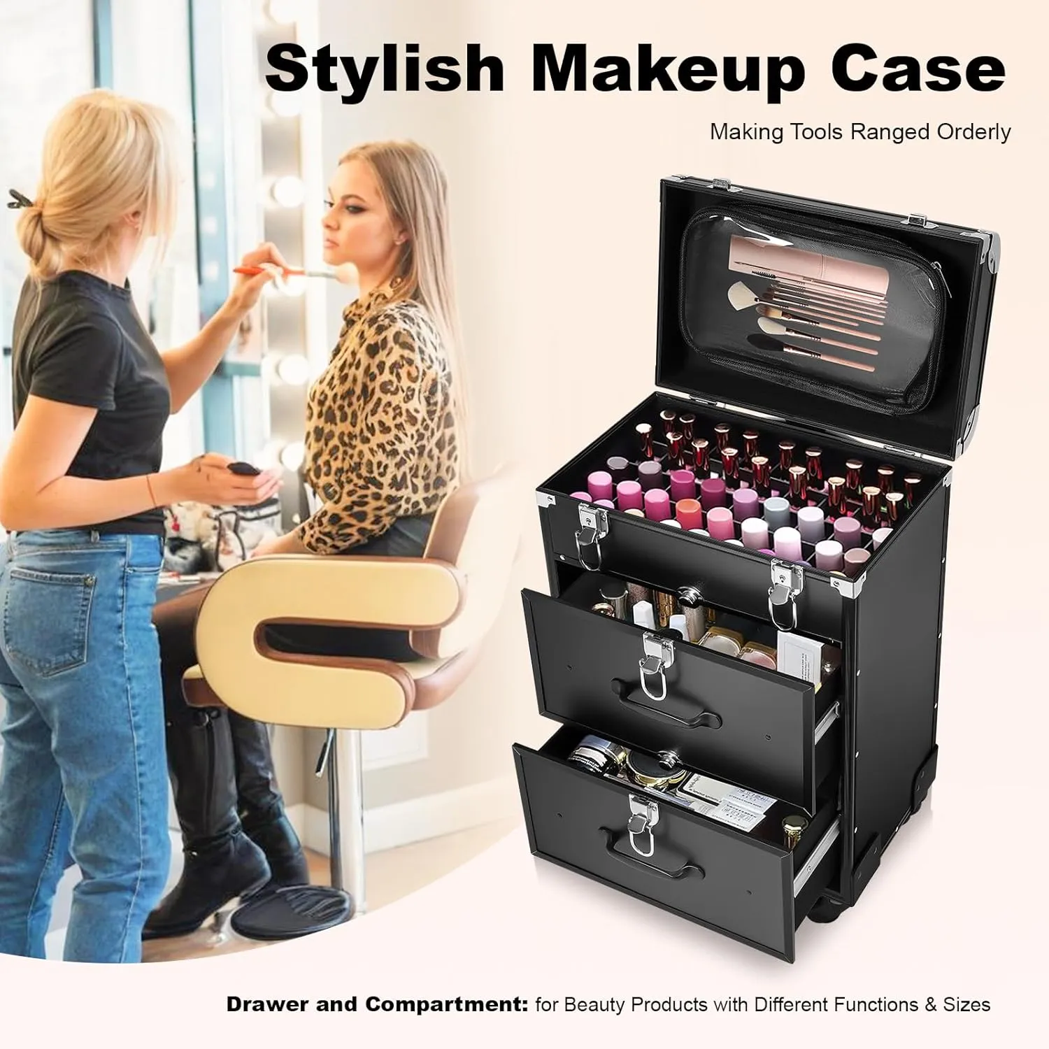 Rolling Makeup Train Case 3 in 1 Portable Large Storage Cosmetic Travel Trolley 2 Drawer Nail Case Cart Trunk with Keys Swivel Wheels for Make-up Artist, Hairstylists, Nail Tech Make up