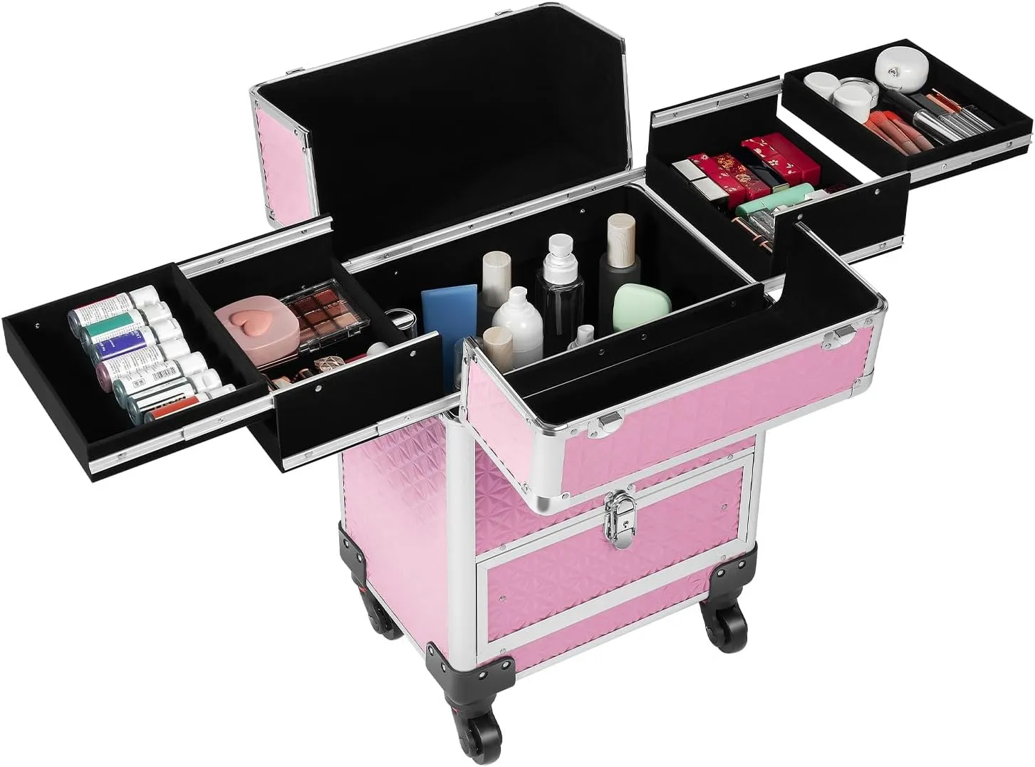 Rolling Makeup Train Case,Multi-functional Cosmetic Trolley with 360° Swivel Wheels Keys,Salon Barber Case Traveling Cart for Nail Technicians Hairstylist (Pink)