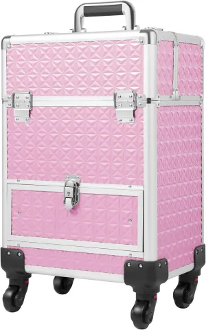 Rolling Makeup Train Case,Multi-functional Cosmetic Trolley with 360° Swivel Wheels Keys,Salon Barber Case Traveling Cart for Nail Technicians Hairstylist (Pink)
