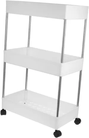 Rolling Storage Rack 3 Tier Stainless Steel Plastic Bathroom Cart Wheels Removable Storage for Shower Gel Shampoo Laundry Cosmetics (Random Bottom Pattern)