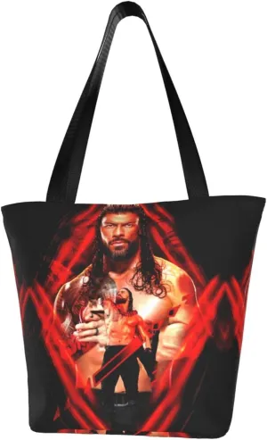 Roman Wrestler Reigns Reusable Grocery Bag for Kitchen Shopping Handbag Tote Bags with Zipper Unisex Lightweight Shoulder Bag Storage Bags for Work
