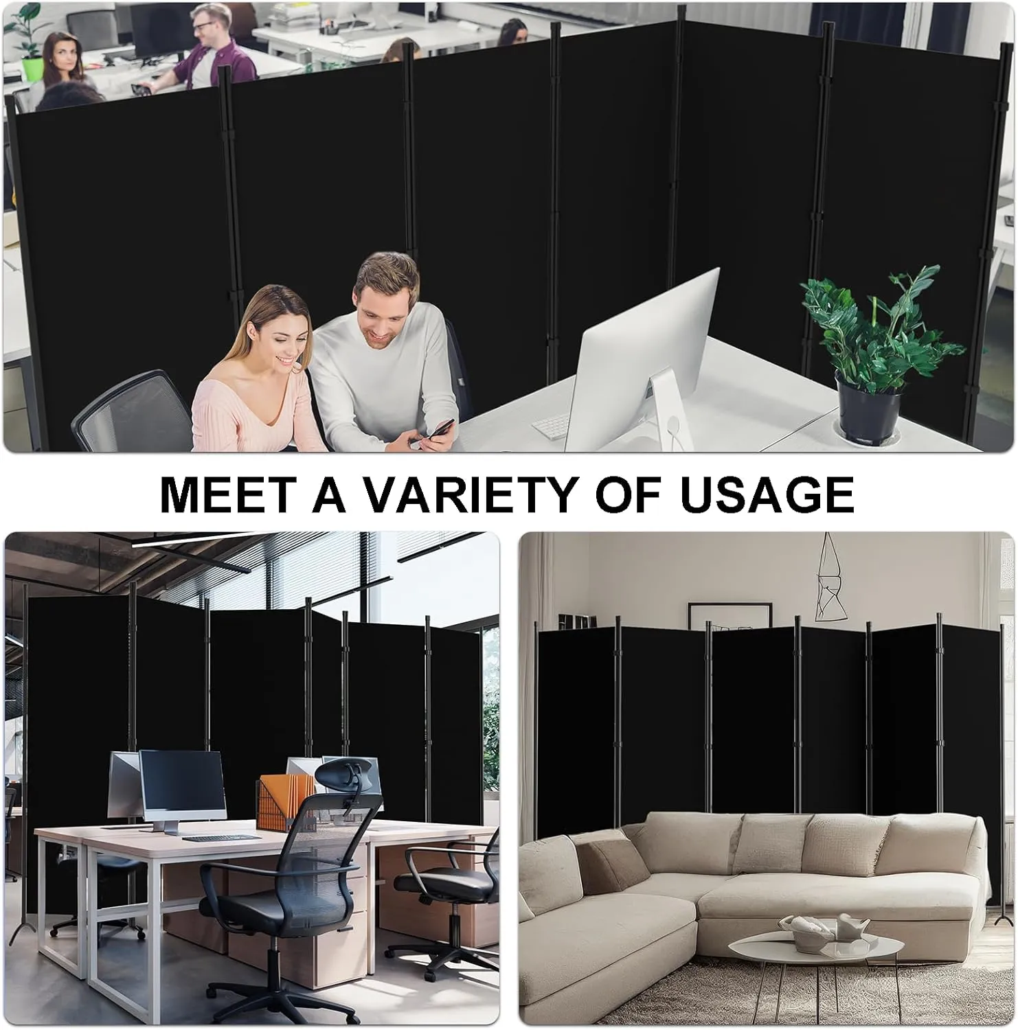 Room Divider 6-Panel Privacy Screen, Portable Screen Steel Frame with Hook&Loop for Home, Office, Classroom, Studio, Meeting (Black)