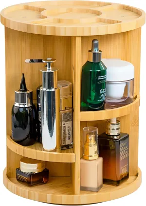 Rotating Bamboo Makeup Organizer,360 Degree Spinning Adjustable Bamboo Vanity Makeup Holder Rack,Large Capacity Cosmetics Storage Display Box,Fits Makeup,Skincare,Cologne (Beige1)