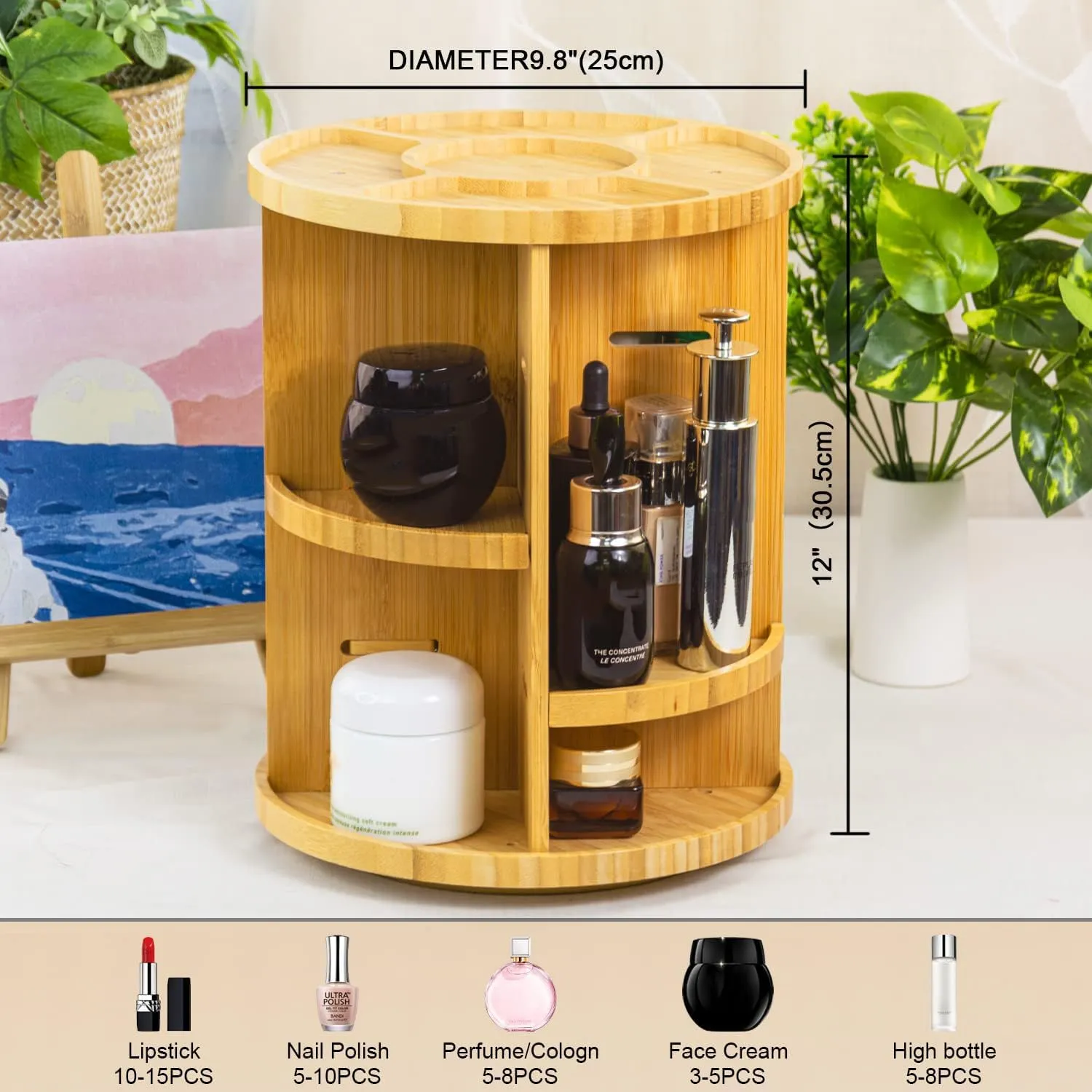 Rotating Bamboo Makeup Organizer,360 Degree Spinning Adjustable Bamboo Vanity Makeup Holder Rack,Large Capacity Cosmetics Storage Display Box,Fits Makeup,Skincare,Cologne (Beige1)