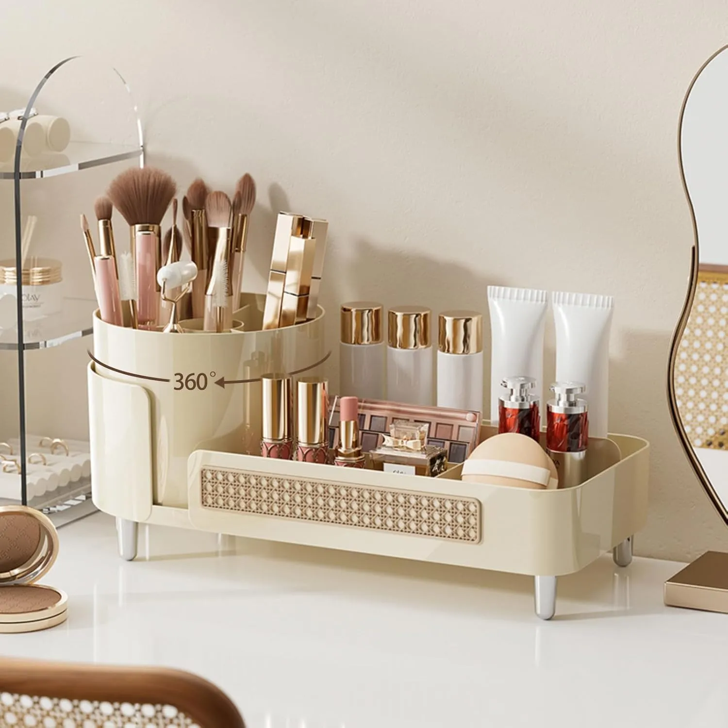 Rotating Makeup Organizer Countertop,Large Capacity Makeup Organizers for Vanity,2 in 1 makeup storage organizer for Bathrooms,Cosmetic Display Case(Cream)