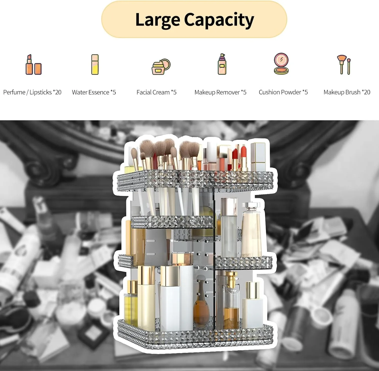 Rotating Makeup Organizer, Large Capacity Cosmetic Display Case, Acrylic Skincare Organizer with Makeup Brush, Makeup Storage Organizer for Dresser Countertop and Bathroom Vanity - Grey