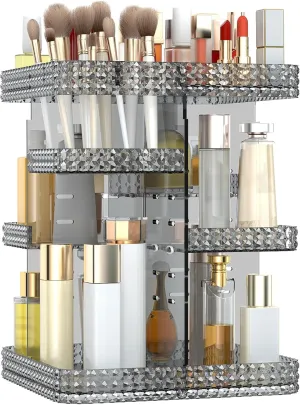 Rotating Makeup Organizer, Large Capacity Cosmetic Display Case, Acrylic Skincare Organizer with Makeup Brush, Makeup Storage Organizer for Dresser Countertop and Bathroom Vanity - Grey