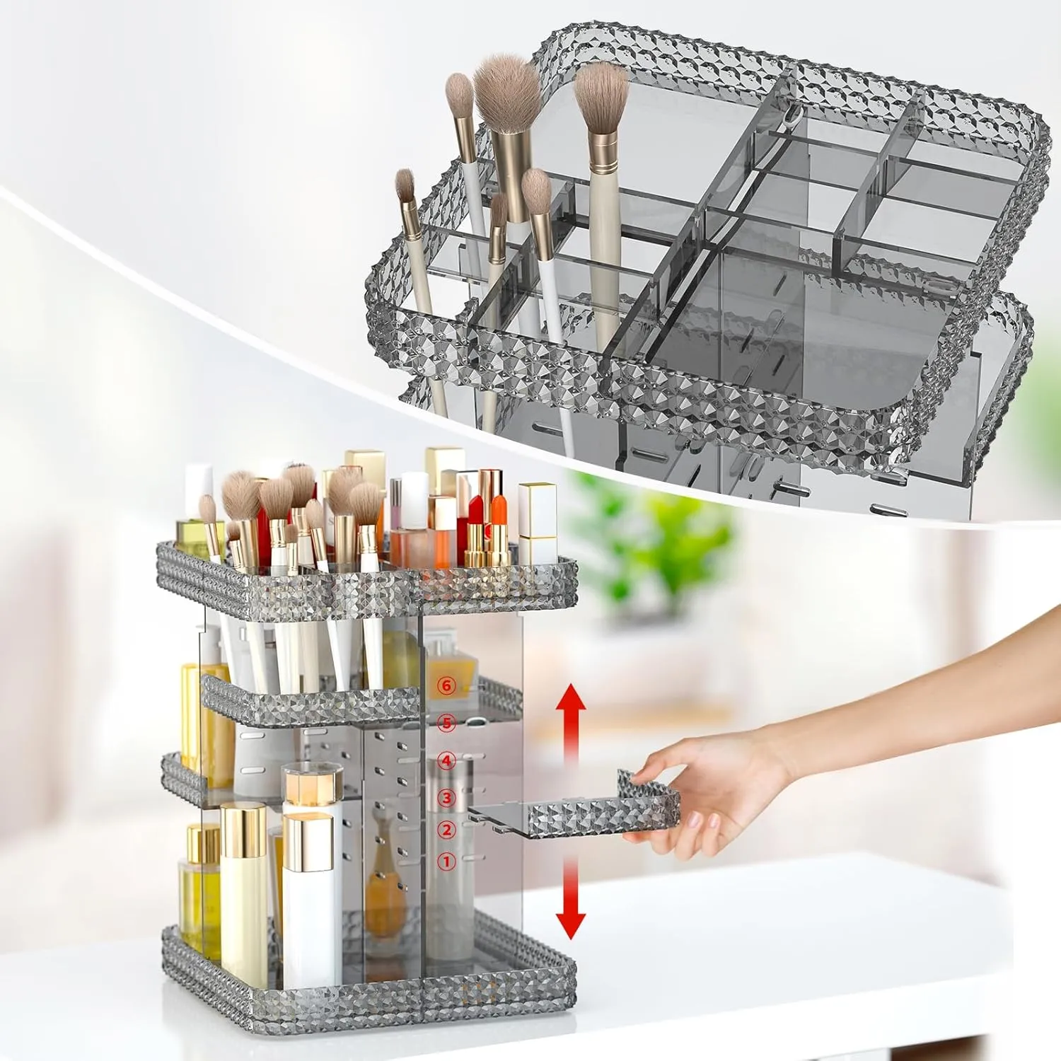 Rotating Makeup Organizer, Large Capacity Cosmetic Display Case, Acrylic Skincare Organizer with Makeup Brush, Makeup Storage Organizer for Dresser Countertop and Bathroom Vanity - Grey