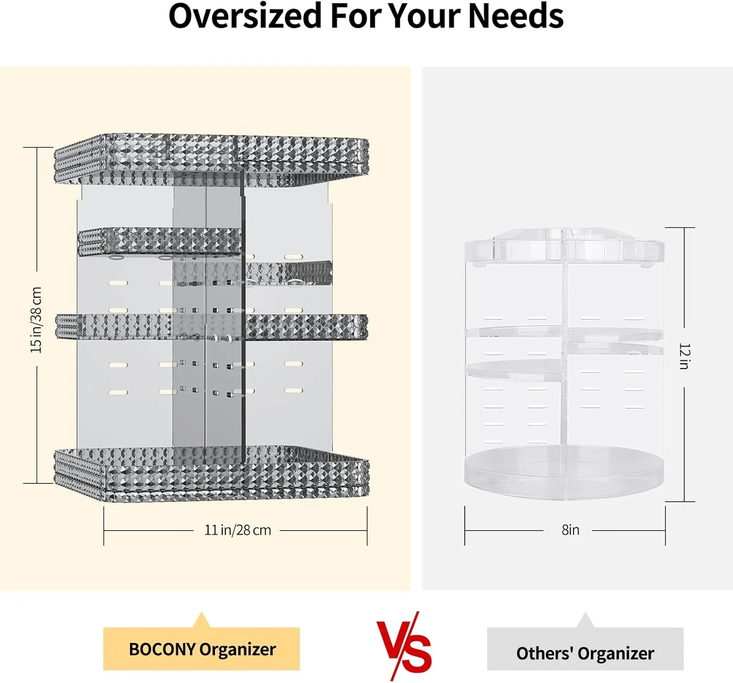Rotating Makeup Organizer, Large Capacity Cosmetic Display Case, Acrylic Skincare Organizer with Makeup Brush, Makeup Storage Organizer for Dresser Countertop and Bathroom Vanity - Grey