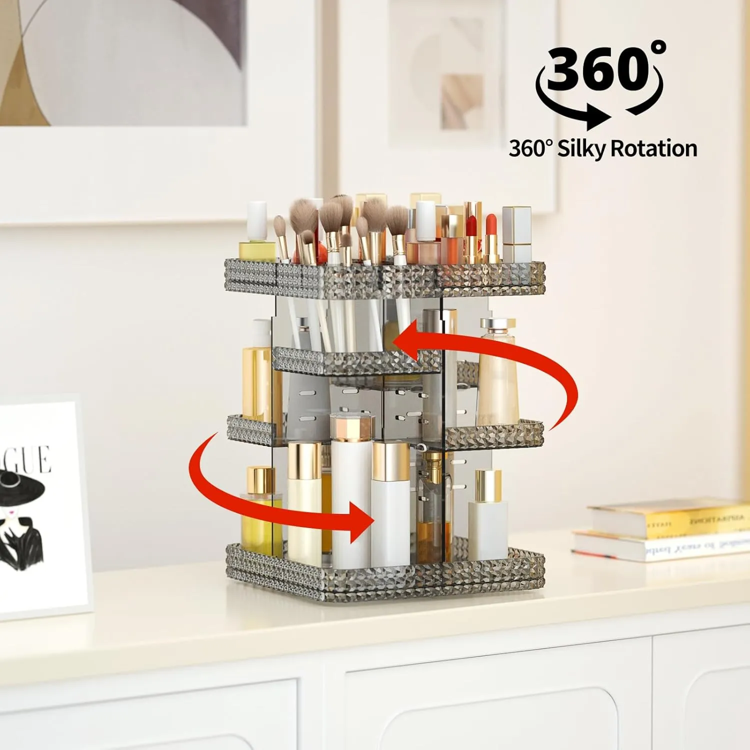 Rotating Makeup Organizer, Large Capacity Cosmetic Display Case, Acrylic Skincare Organizer with Makeup Brush, Makeup Storage Organizer for Dresser Countertop and Bathroom Vanity - Grey