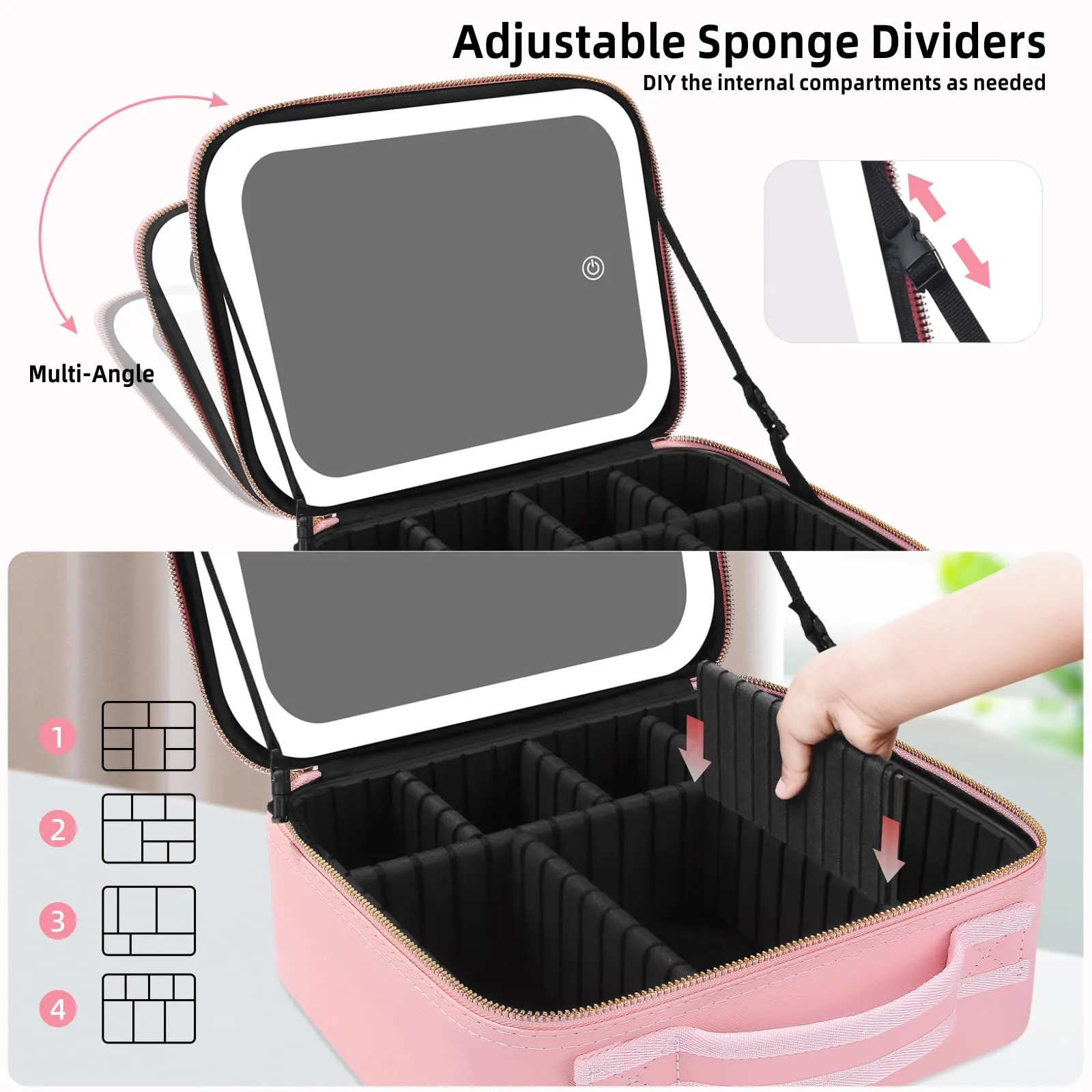 RRtide Makeup Bag with Mirror of LED Lighted, Travel Makeup Train Case Cosmetic Bag Organizer with Mirror and Lights, Make up Bag with Light up Mirror Adjustable Divider Brush Board