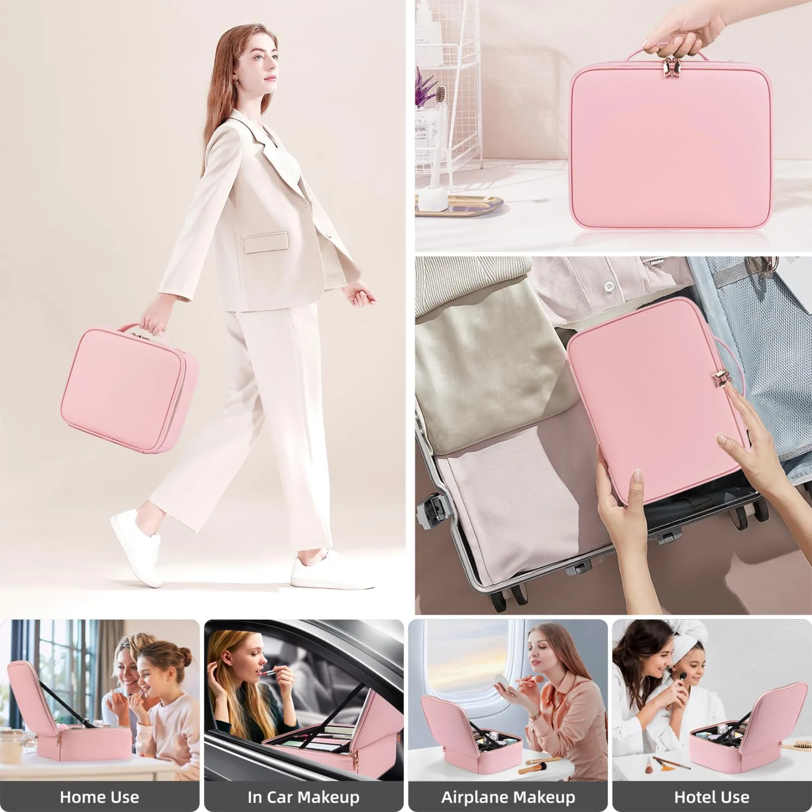 RRtide Makeup Bag with Mirror of LED Lighted, Travel Makeup Train Case Cosmetic Bag Organizer with Mirror and Lights, Make up Bag with Light up Mirror Adjustable Divider Brush Board