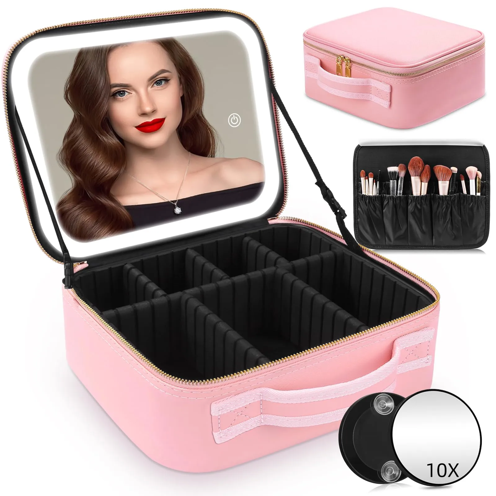 RRtide Makeup Bag with Mirror of LED Lighted, Travel Makeup Train Case Cosmetic Bag Organizer with Mirror and Lights, Make up Bag with Light up Mirror Adjustable Divider Brush Board