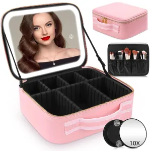 RRtide Makeup Bag with Mirror of LED Lighted, Travel Makeup Train Case Cosmetic Bag Organizer with Mirror and Lights, Make up Bag with Light up Mirror Adjustable Divider Brush Board