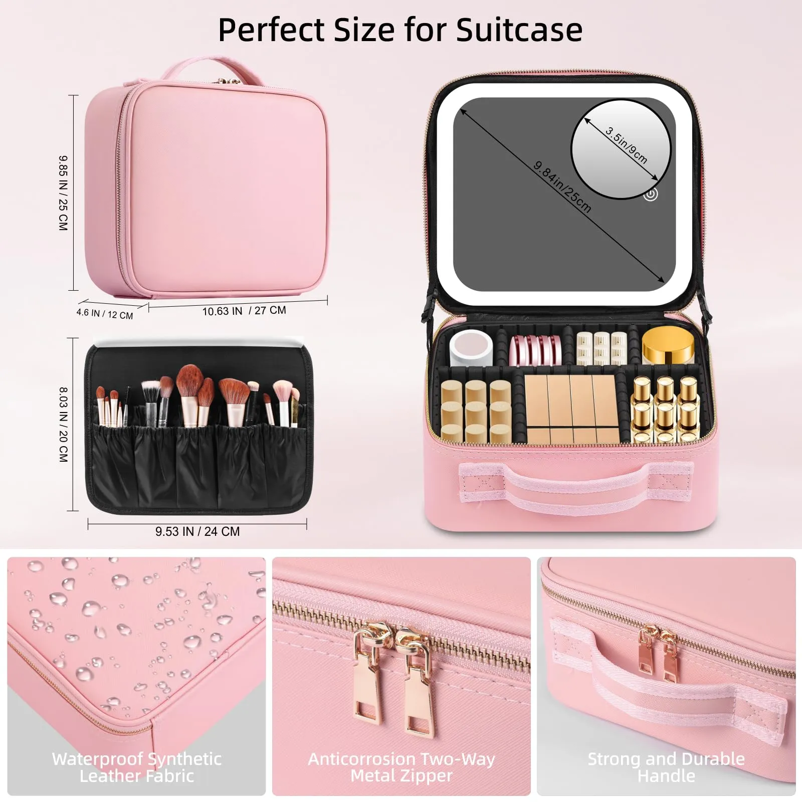 RRtide Makeup Bag with Mirror of LED Lighted, Travel Makeup Train Case Cosmetic Bag Organizer with Mirror and Lights, Make up Bag with Light up Mirror Adjustable Divider Brush Board